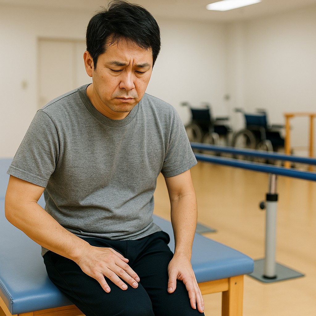リハビリ室で太ももを押さえ、うつむいた表情を浮かべる日本人の中年男性患者
